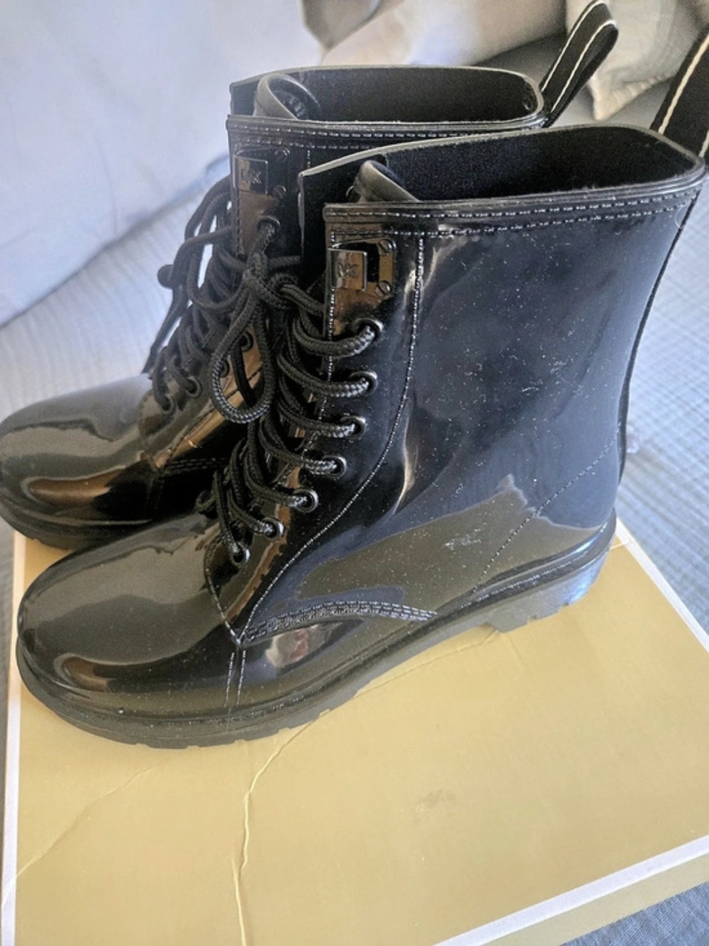 Michael Kors Tavie Logo Tape Lace-Up Rain Boot Black US 8 M